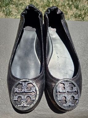 Tory Burch Black Glitter Logo Round-Toe Flats